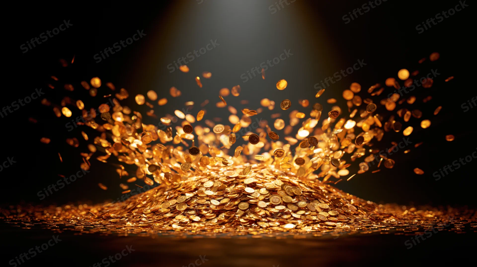 Gold coins exploding upward and raining down onto a pile in a dark space with spotlight illumination