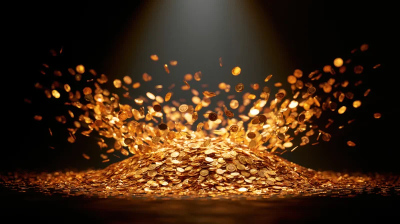 Gold coins exploding upward and raining down onto a pile in a dark space with spotlight illumination