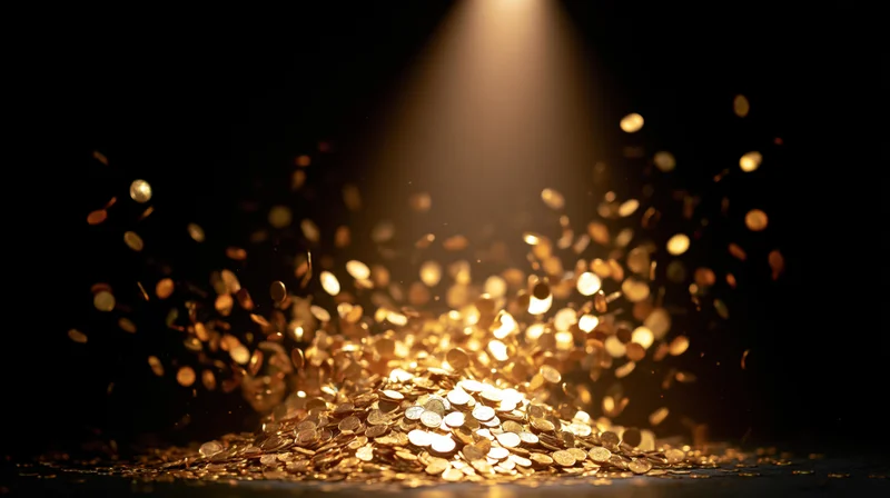 Gold coins exploding upward and raining down onto a dark surface under a spotlight
