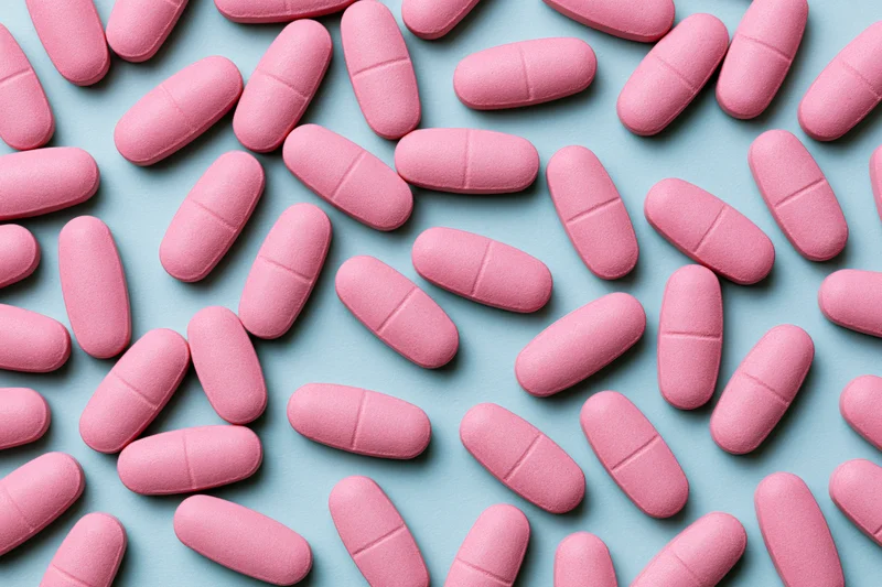 Pink oval caplet tablets scattered randomly on a light blue surface in a flat lay top view
