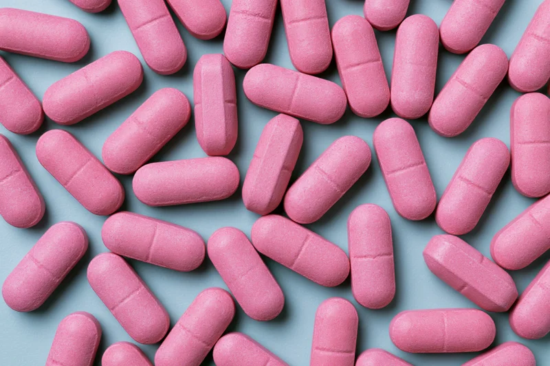 Pink oval caplet tablets scattered randomly on a blue surface in a top-down view