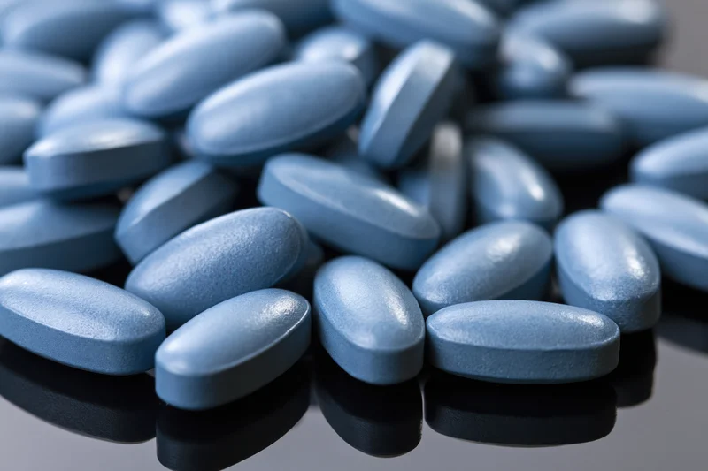 Blue coated oval tablets scattered on a reflective surface