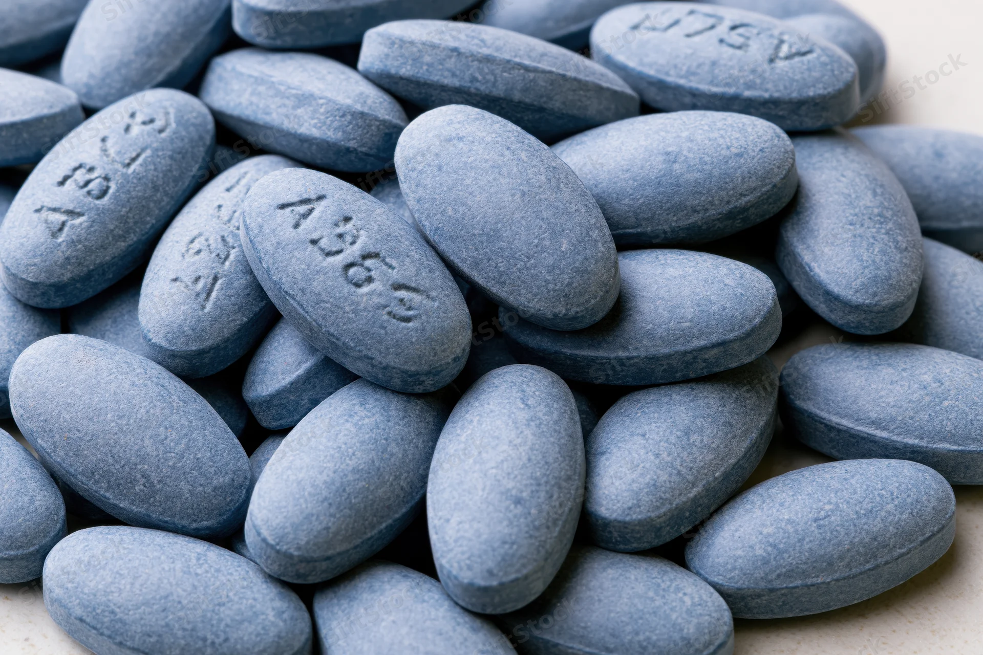 Pile of oval blue pharmaceutical tablets on a light surface