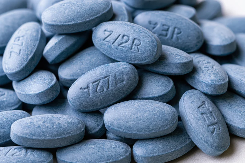 Pile of oval blue pharmaceutical tablets with embossed markings