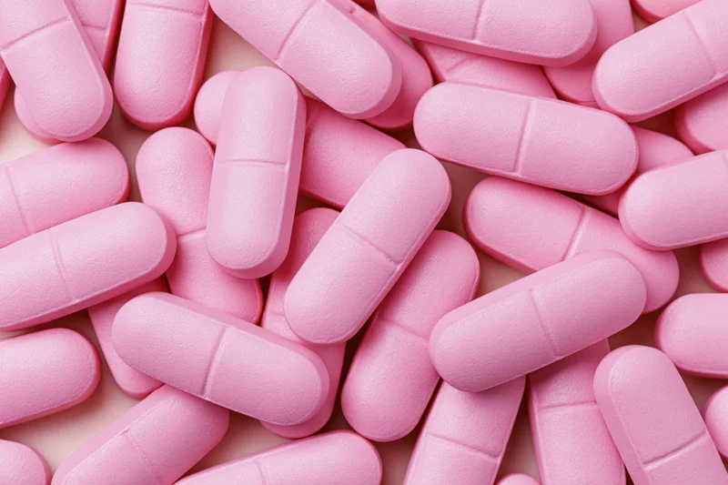 Pink supplement tablets scattered in a dense pile on a plain surface
