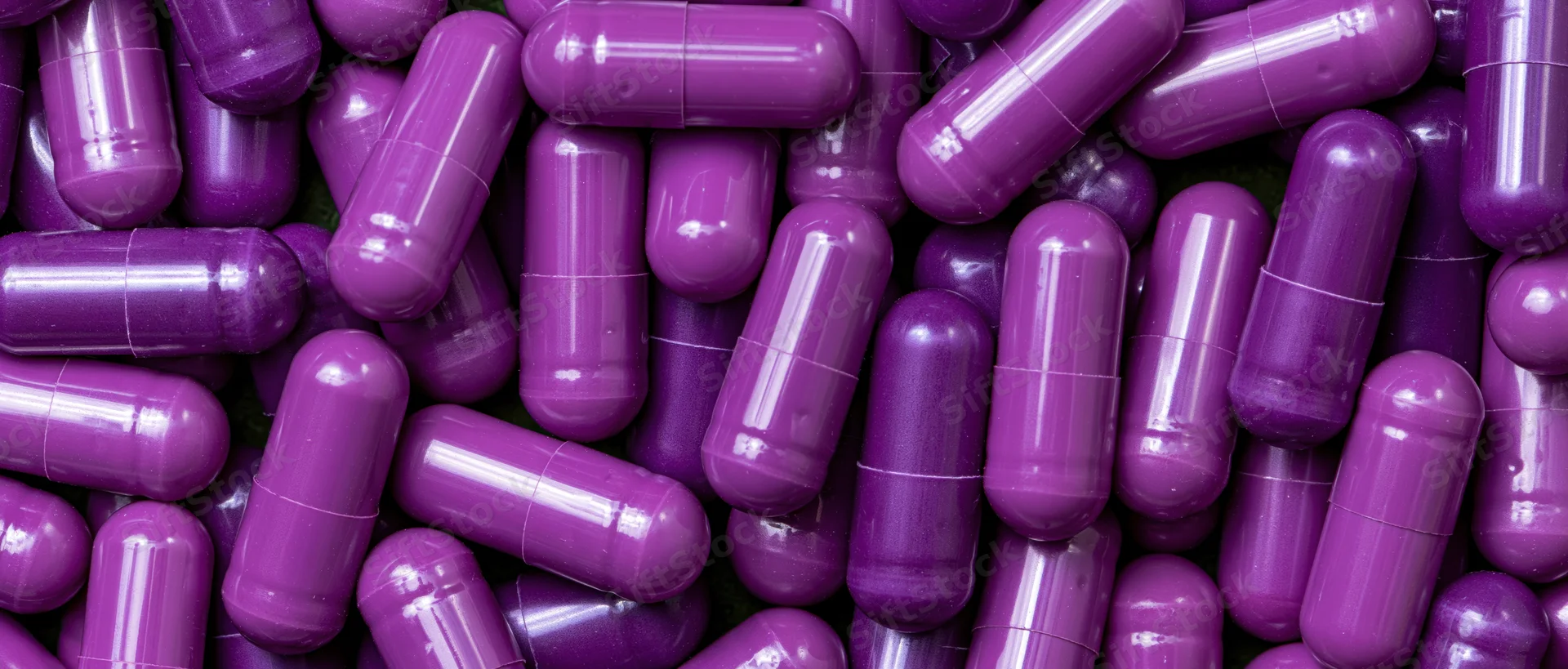 Purple gel capsules densely packed filling the frame