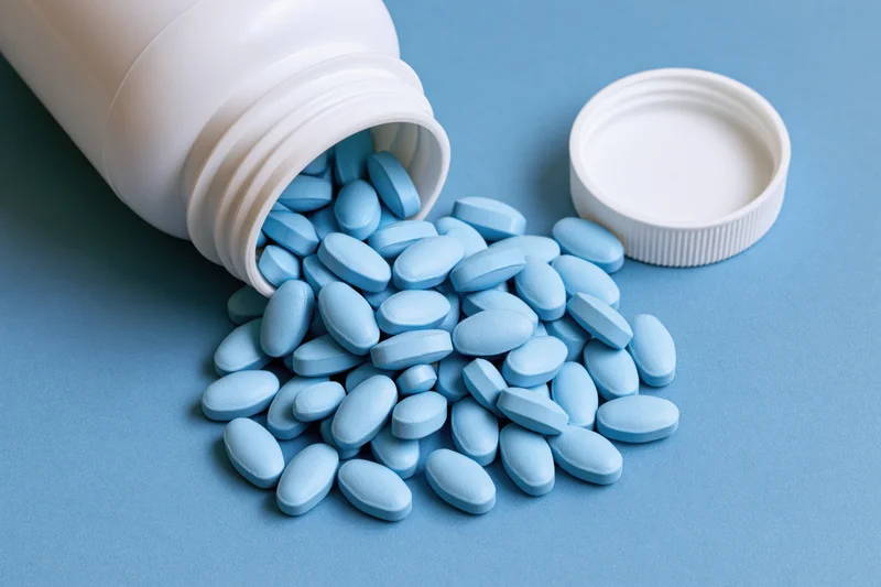 Light-blue oval pills spilling from a white bottle onto a blue surface
