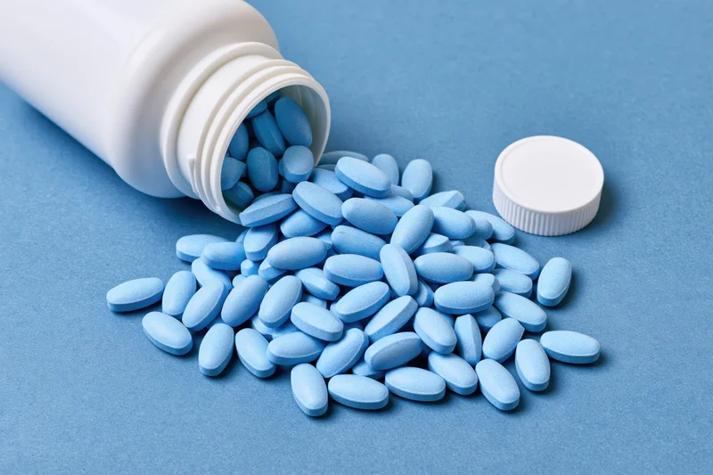 Light-blue oval pills spilling from a white bottle onto a blue surface