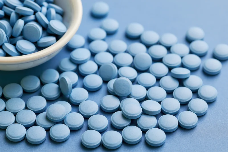Light-blue pills scattered across a flat surface with a bowl on the left