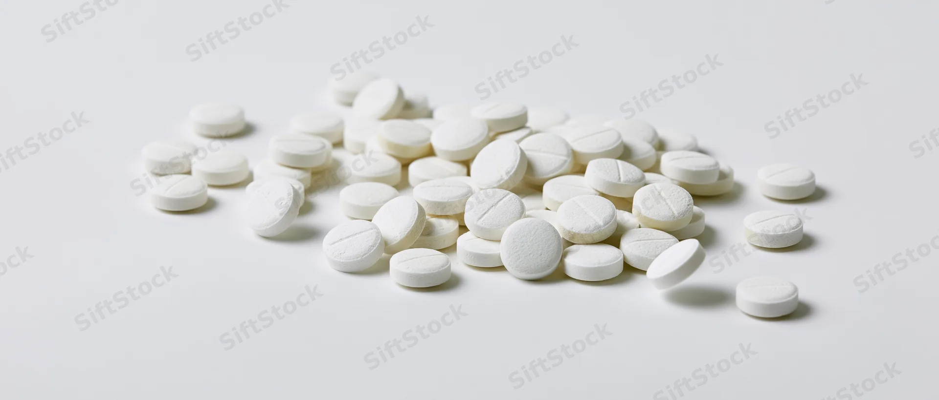 Scattered white scored tablets on a plain white surface