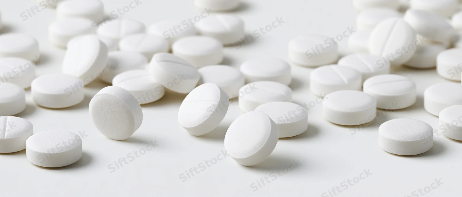 White round scored tablets scattered on a plain white surface