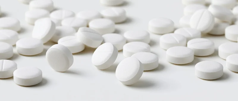 White round scored tablets scattered on a plain white surface