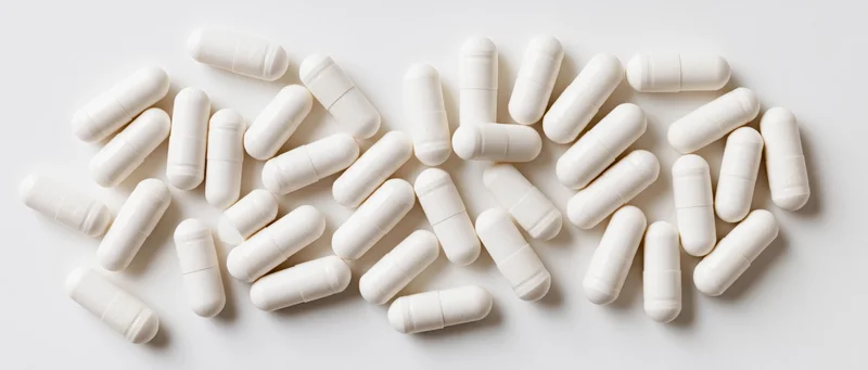 White supplement capsules scattered on a plain surface