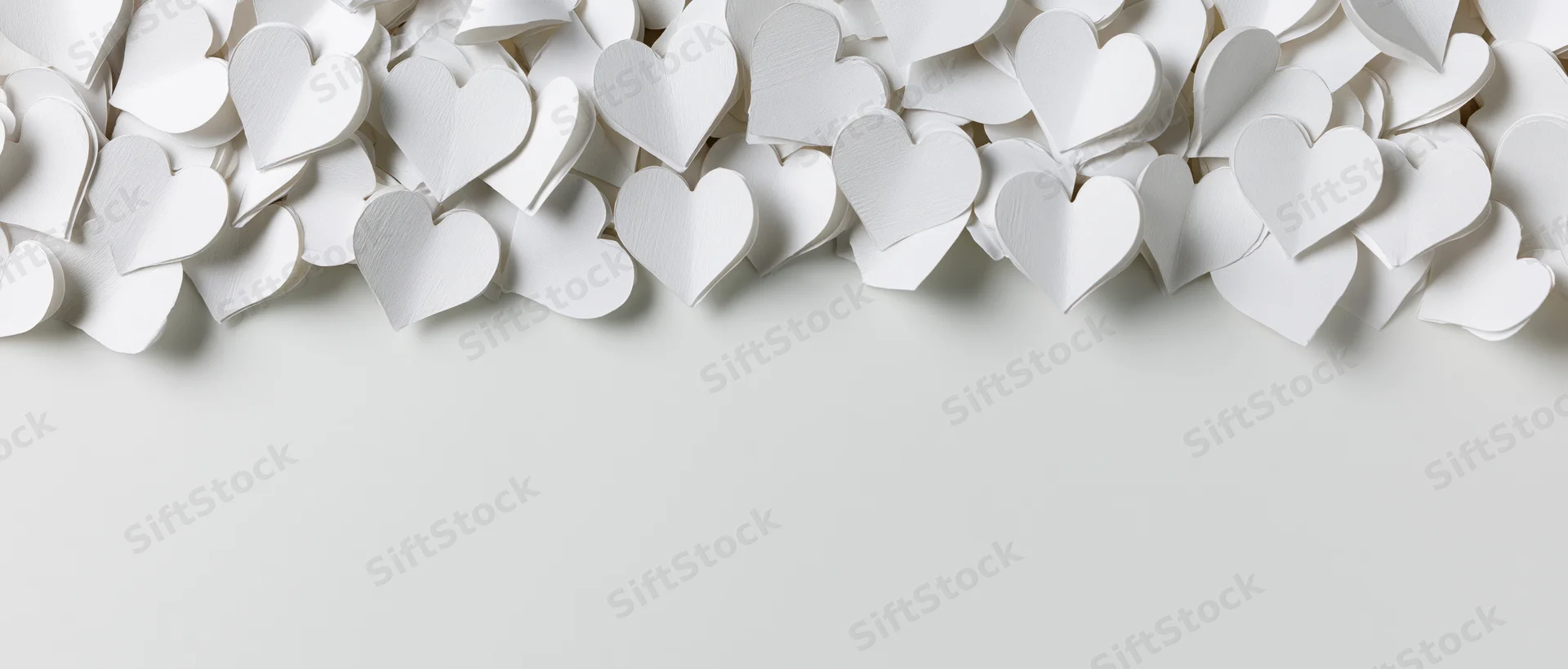 White paper hearts scattered along the top edge of a plain surface, leaving copyspace below