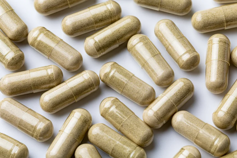 Tan herbal supplement capsules scattered randomly on white surface