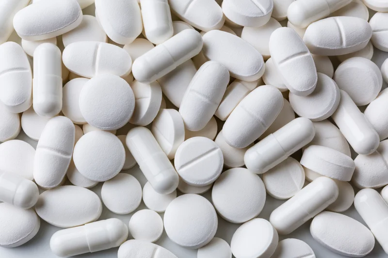 White pharmaceutical tablets and capsules scattered in close-up view