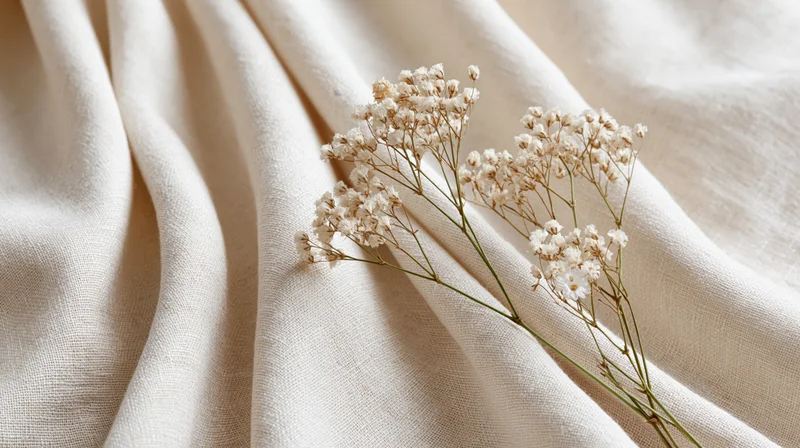 Dried baby's-breath sprigs resting on softly draped beige linen fabric