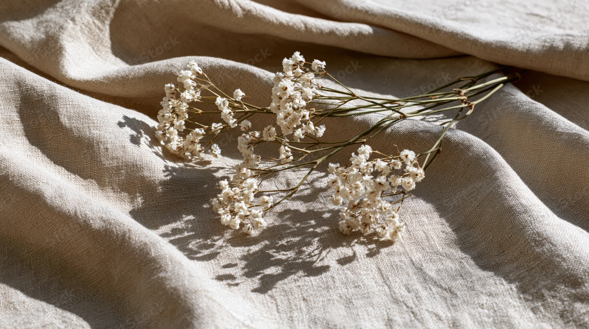 Dried gypsophila sprigs resting on softly draped natural linen fabric in sunlight