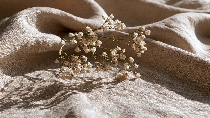 Dried gypsophila sprigs resting on softly draped natural linen fabric in natural light
