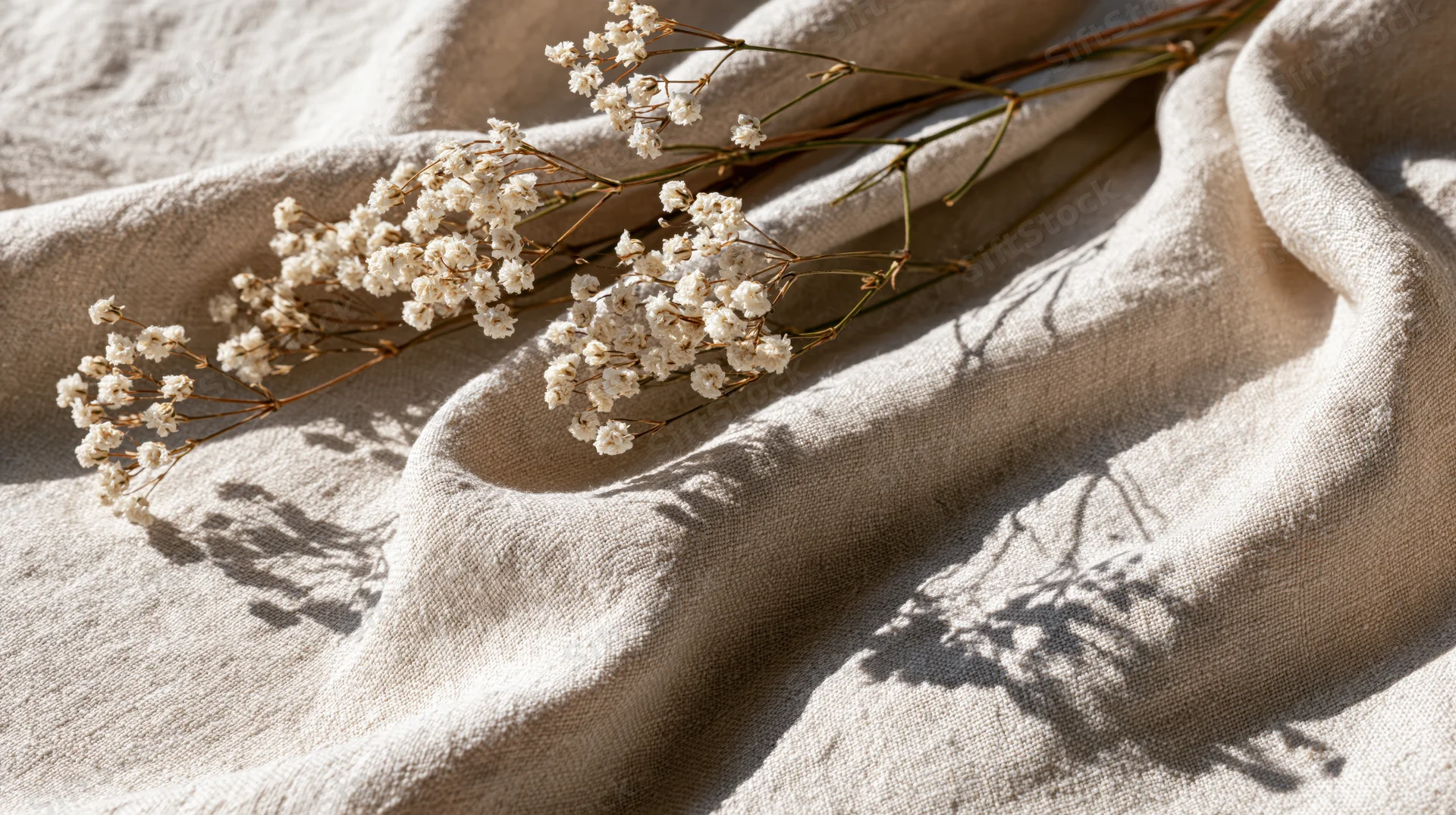 Dried gypsophila sprigs resting on softly draped natural linen fabric
