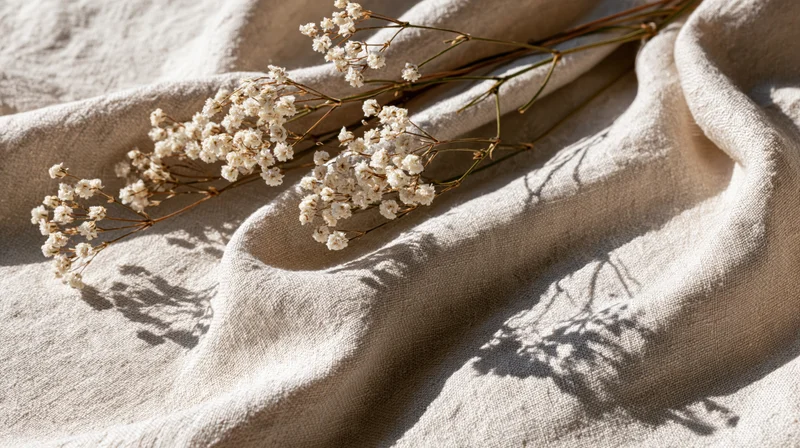 Dried gypsophila sprigs resting on softly draped natural linen fabric