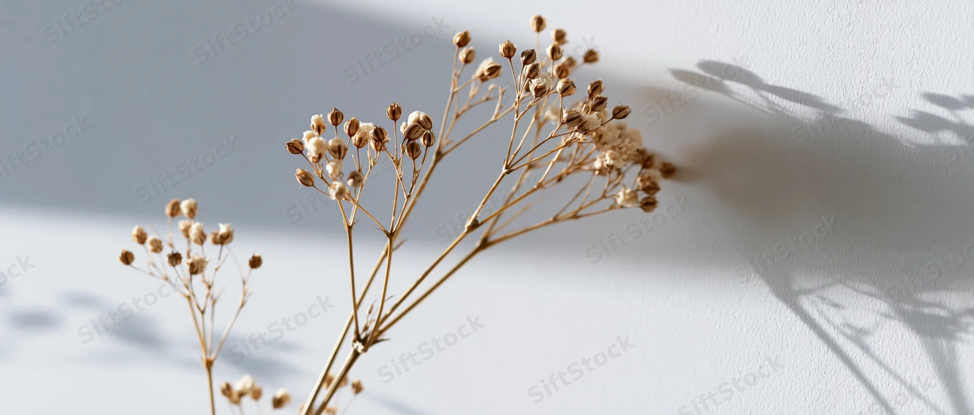 Dried gypsophila stems with seed pods casting soft shadows on a white surface