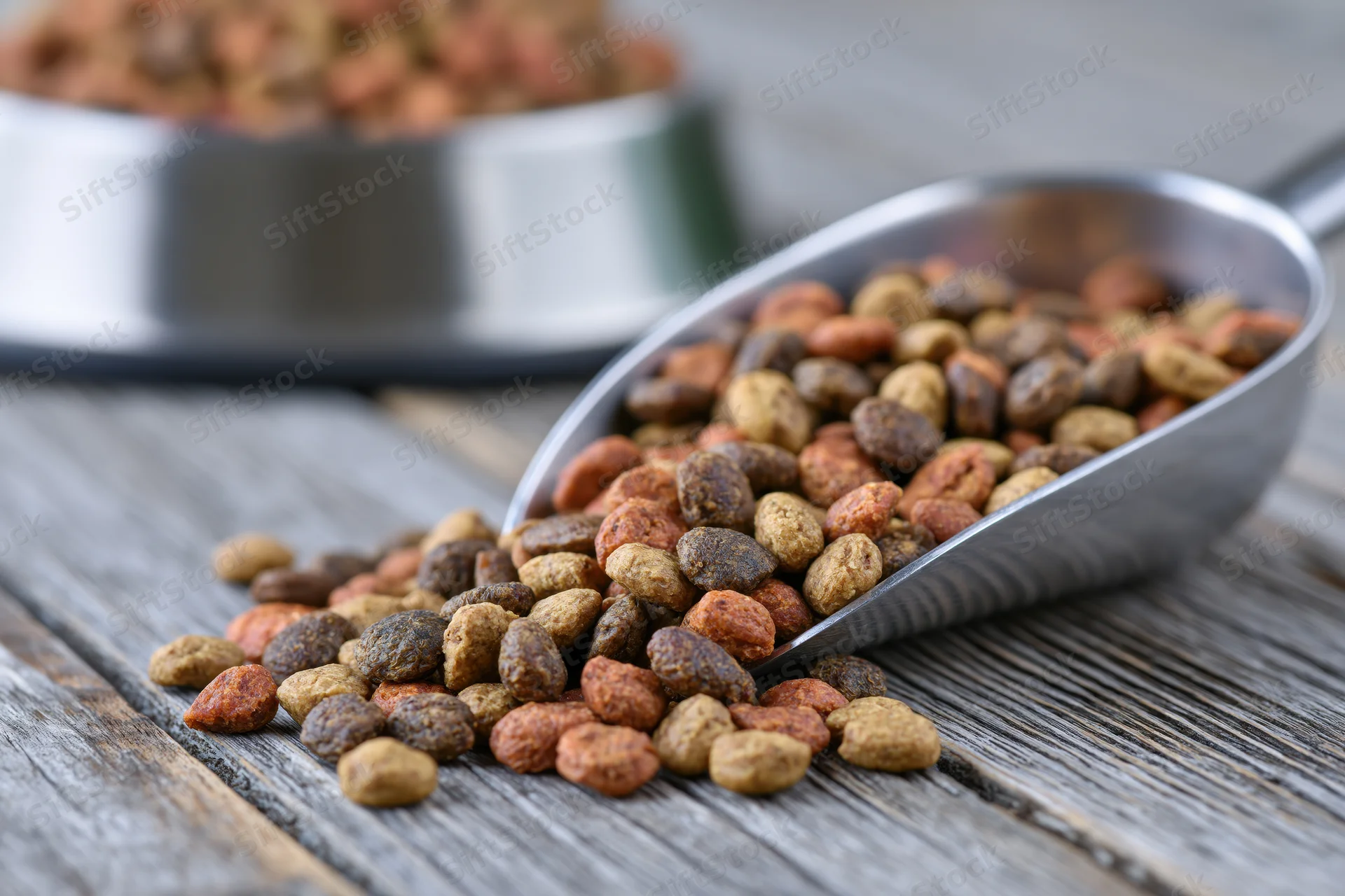 Dry pet food kibble spilling from a stainless steel scoop onto a wooden surface