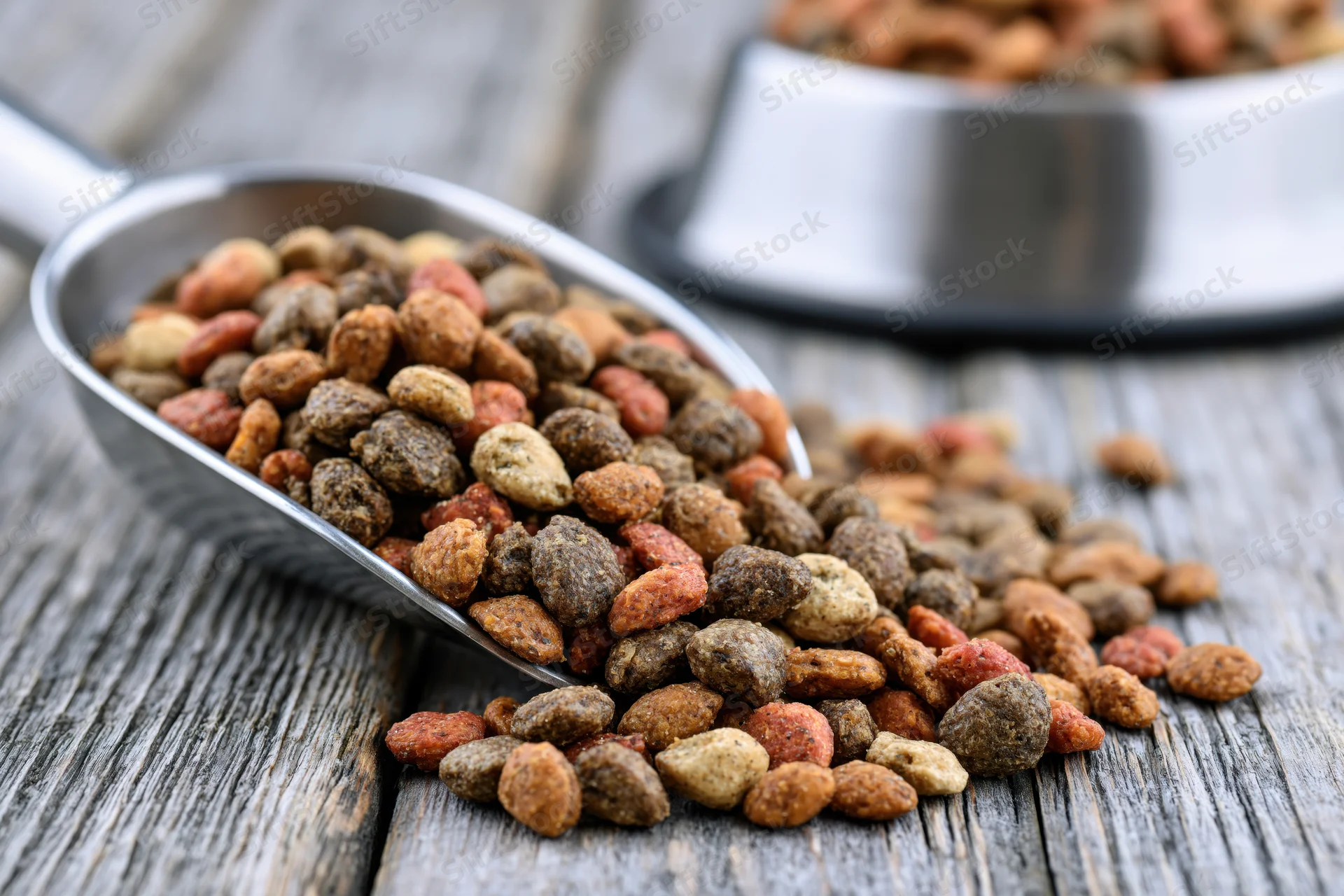 Dry pet food kibble spilling from a stainless steel scoop onto a wooden surface near a metal bowl