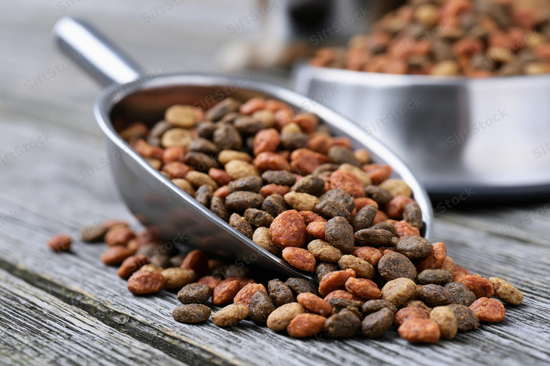 Dry pet food kibble spilling from a stainless steel scoop onto a wooden surface
