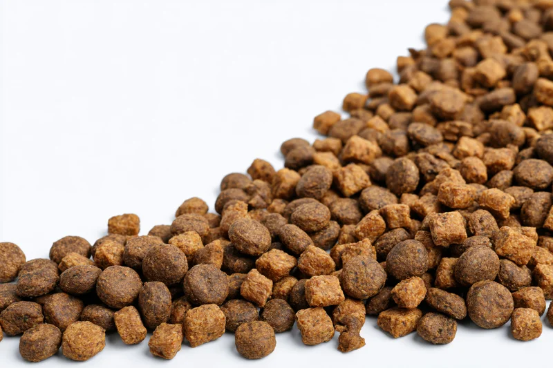 Dry pet kibble pieces scattered along the bottom edge on white background