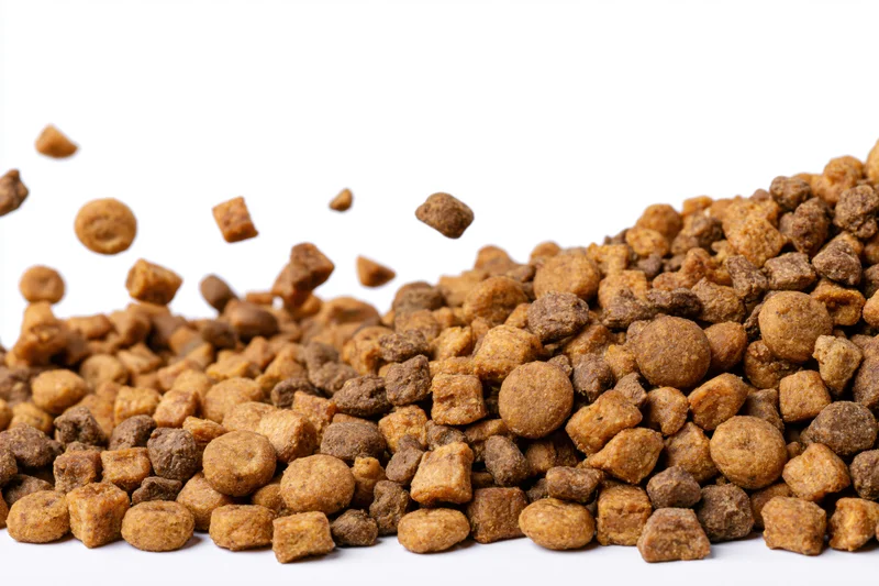 Dry pet kibble pieces scattered and piled along the bottom edge on white background