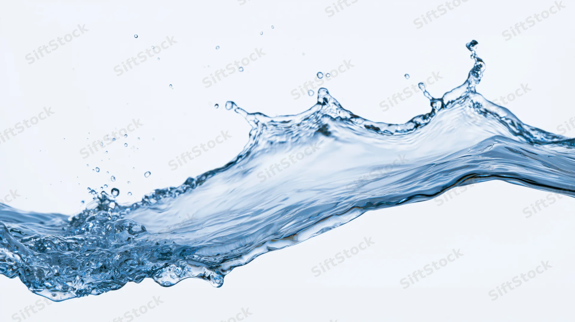 Dynamic water splash frozen mid-motion flowing wave shape against white background