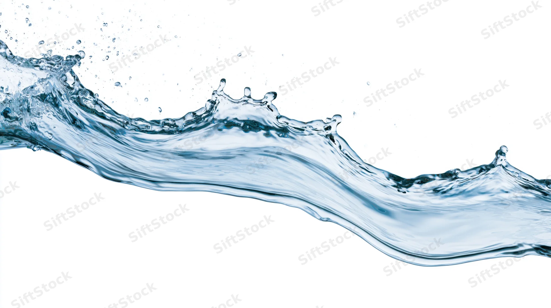 Dynamic water splash frozen mid-motion flowing wave shape on white background