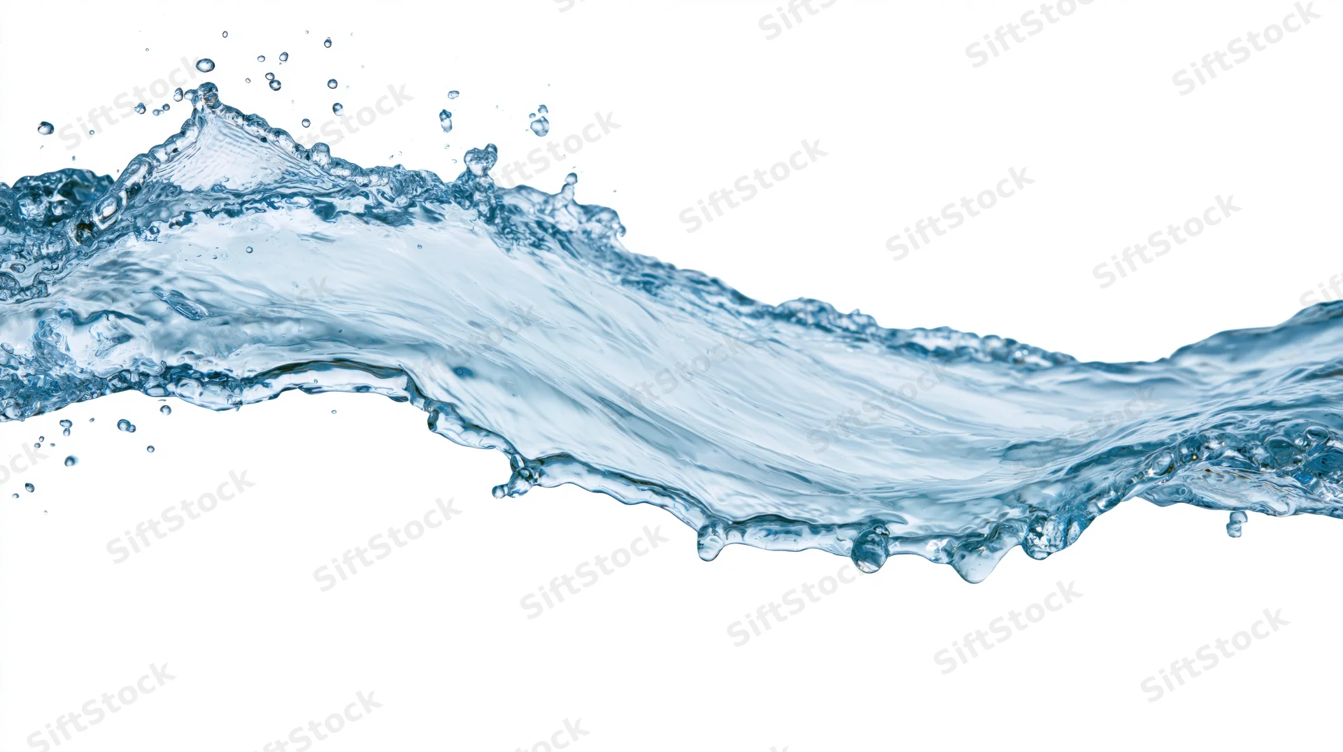 Dynamic water splash frozen mid-motion flowing wave shape against white background