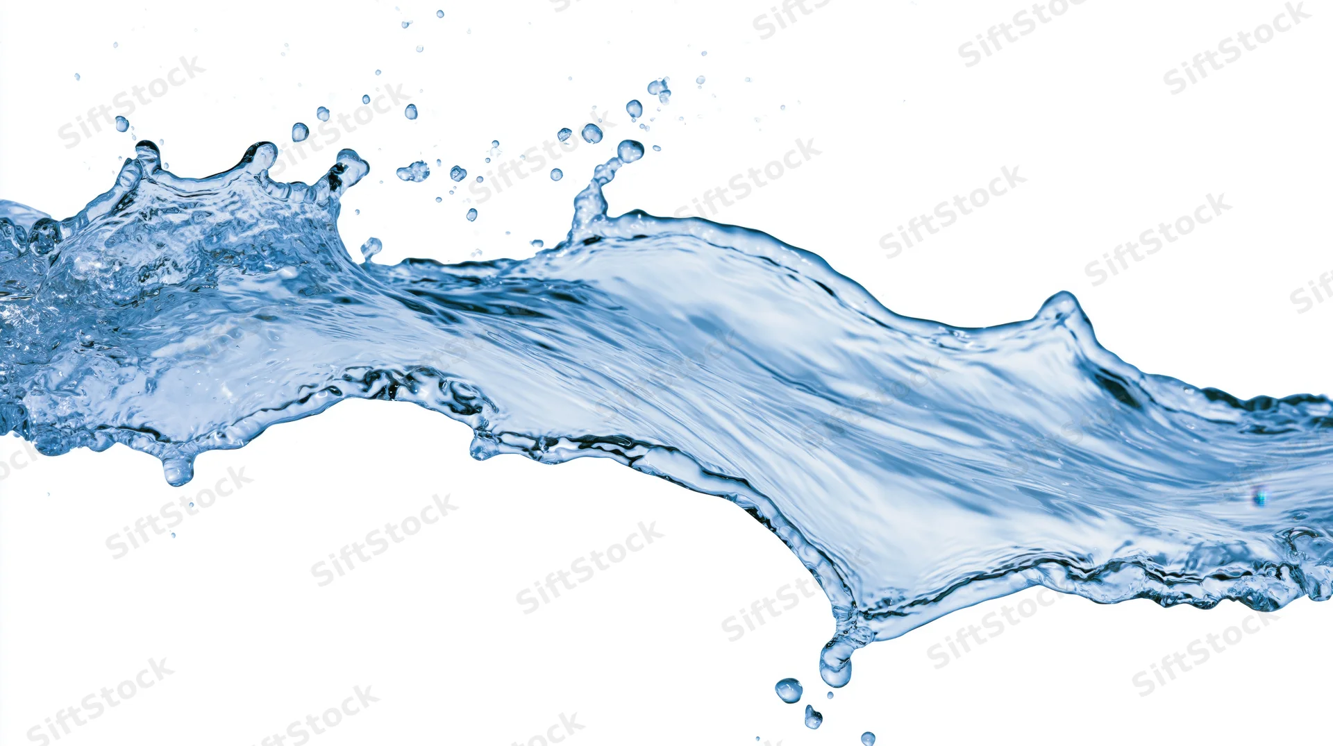 Dynamic water splash frozen mid-motion flowing wave shape against white background