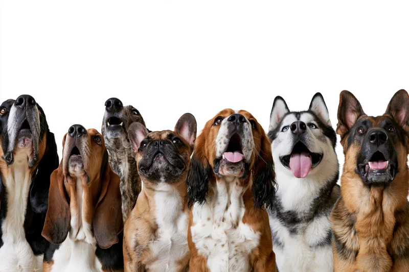 Seven dogs of various breeds looking upward in a row against a white background