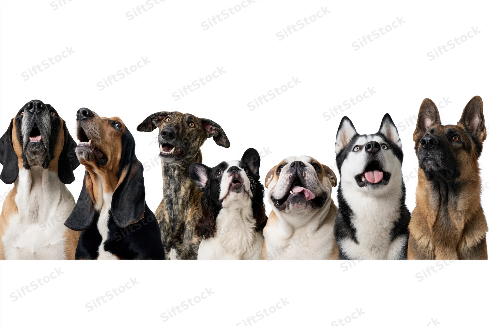 Seven dogs of different breeds looking upward in a row against white background