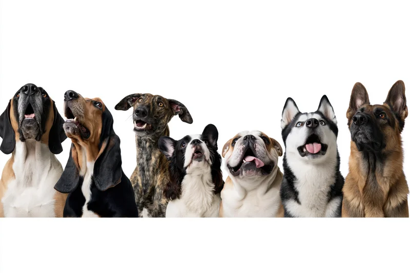 Seven dogs of different breeds looking upward in a row against white background