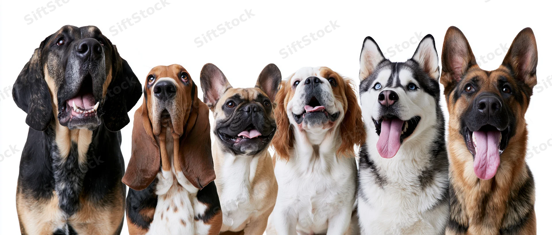 Six dogs of different breeds posing together in studio against white background