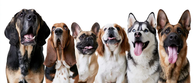 Six dogs of different breeds posing together in studio against white background