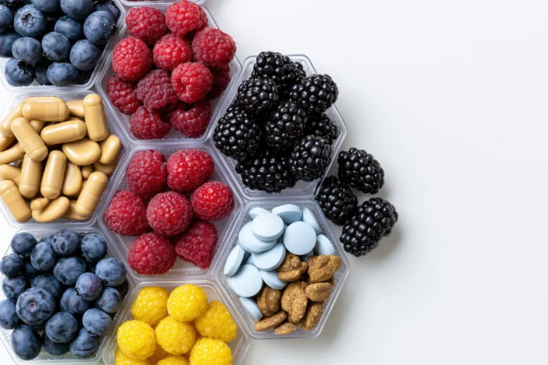 Hexagonal compartments filled with berries and dietary supplements arranged on white surface