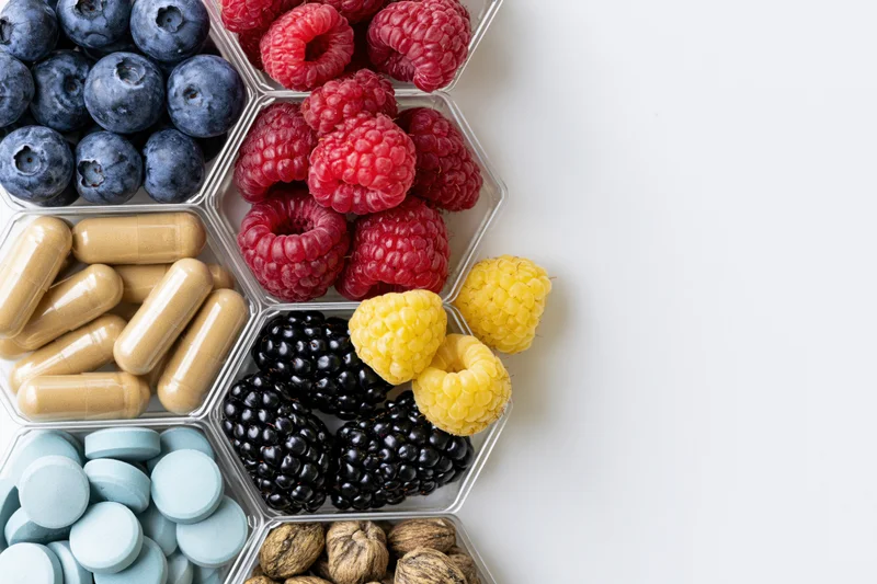 Hexagonal compartments holding berries, supplements, and nuts arranged on white surface with copyspace