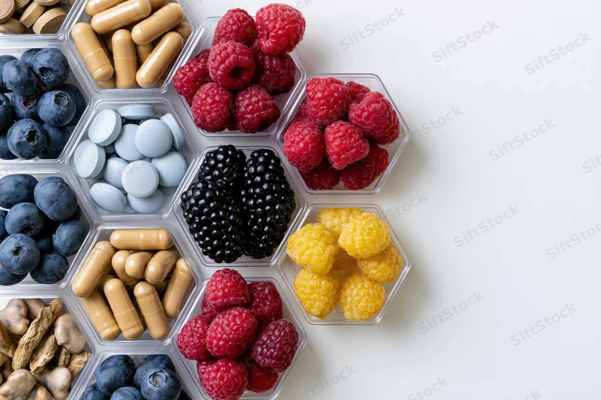 Hexagonal compartments filled with berries and dietary supplements arranged in a flat lay on white surface