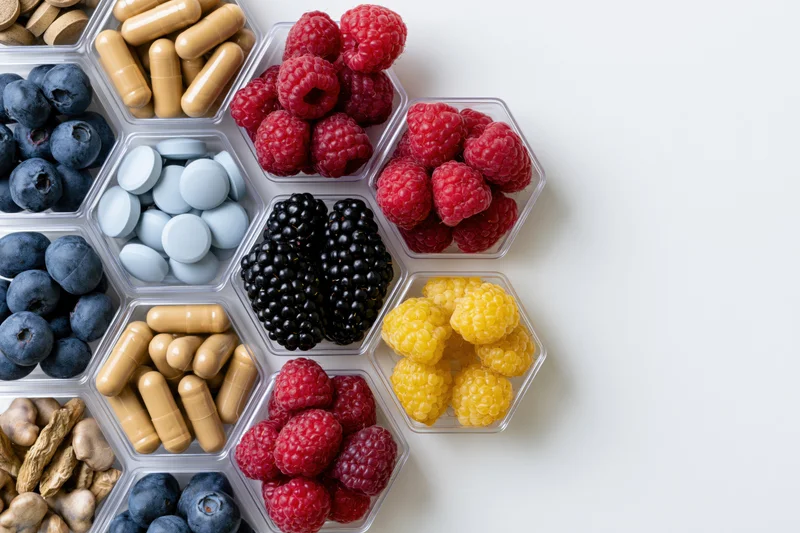 Hexagonal compartments filled with berries and dietary supplements arranged in a flat lay on white surface