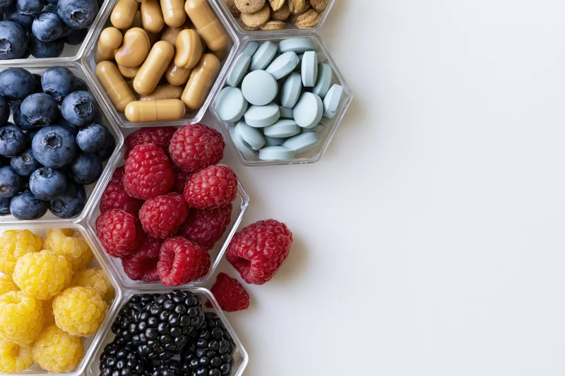 Hexagonal compartments holding berries and supplements arranged on white surface with copyspace