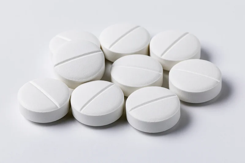 White scored tablets scattered on a plain white surface