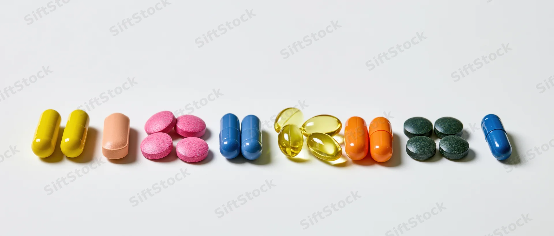 Assorted pills and capsules arranged in groups on a white surface