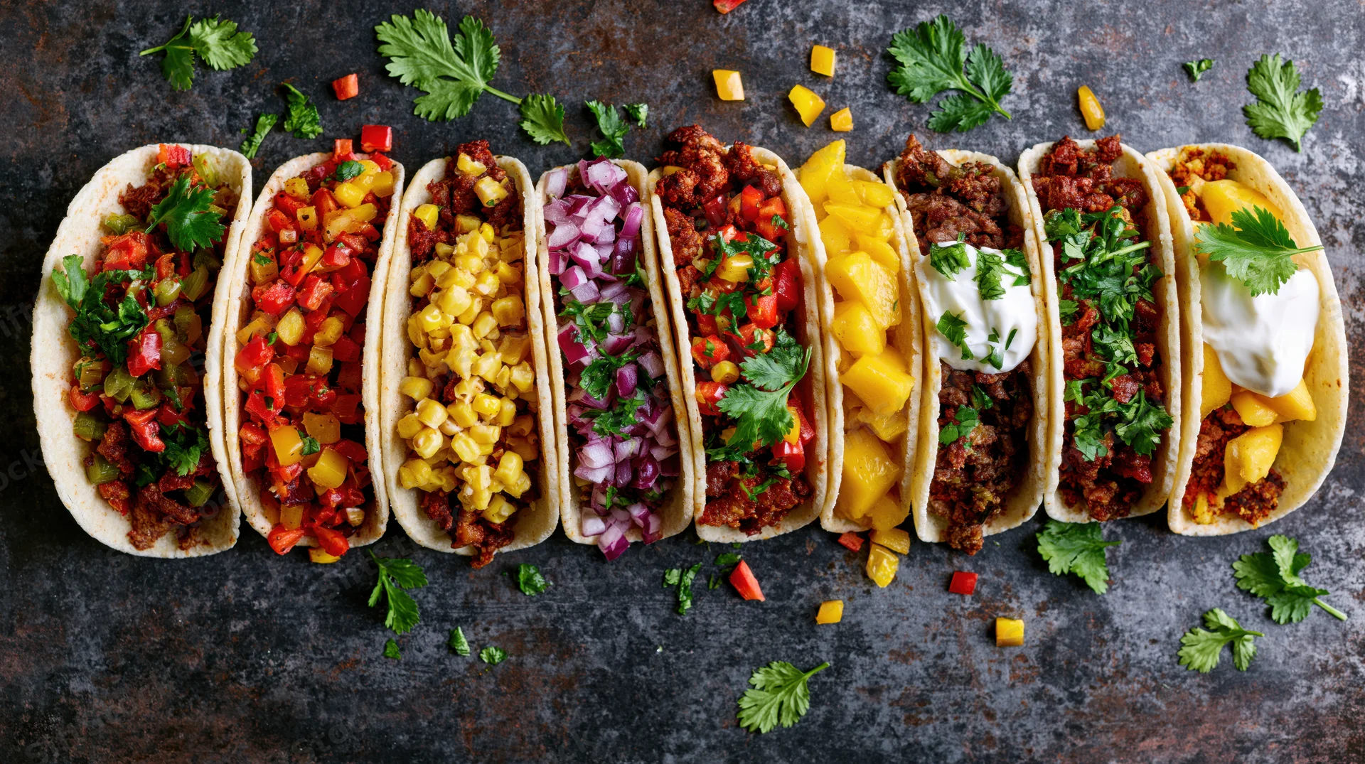 Eight tacos in a row each filled with different toppings on a dark surface