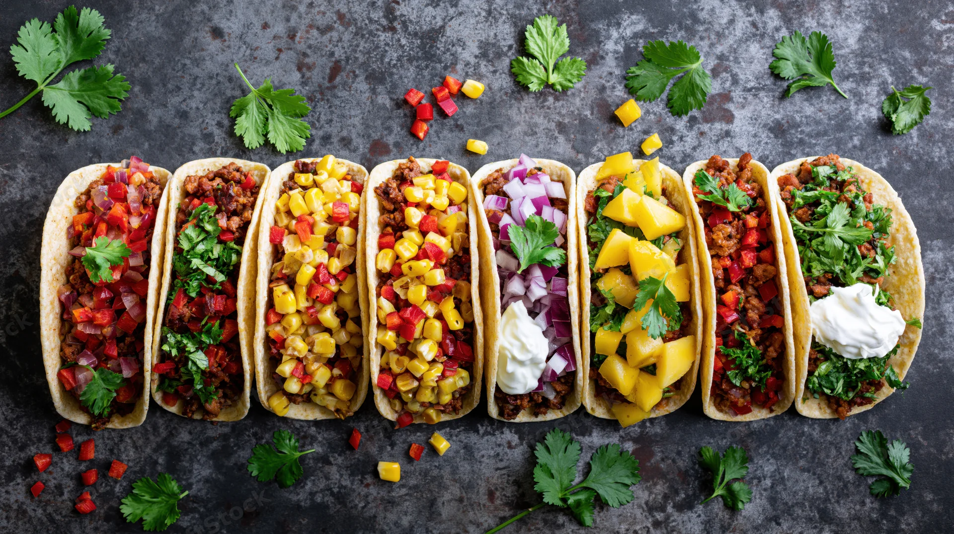 Eight tacos in a row with different toppings on a dark surface