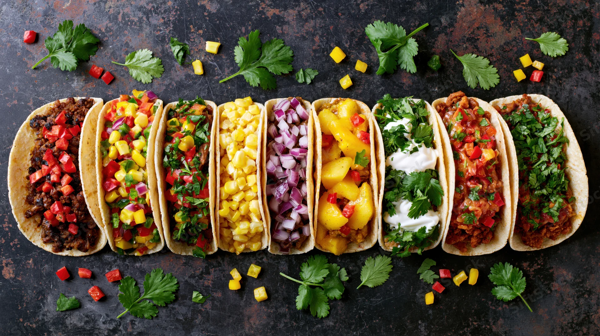 Eight tacos in a row with different fillings on a dark rustic surface